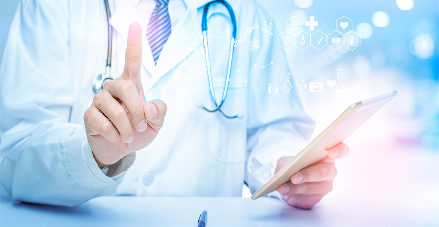 Close up of doctor is showing medical analytics data